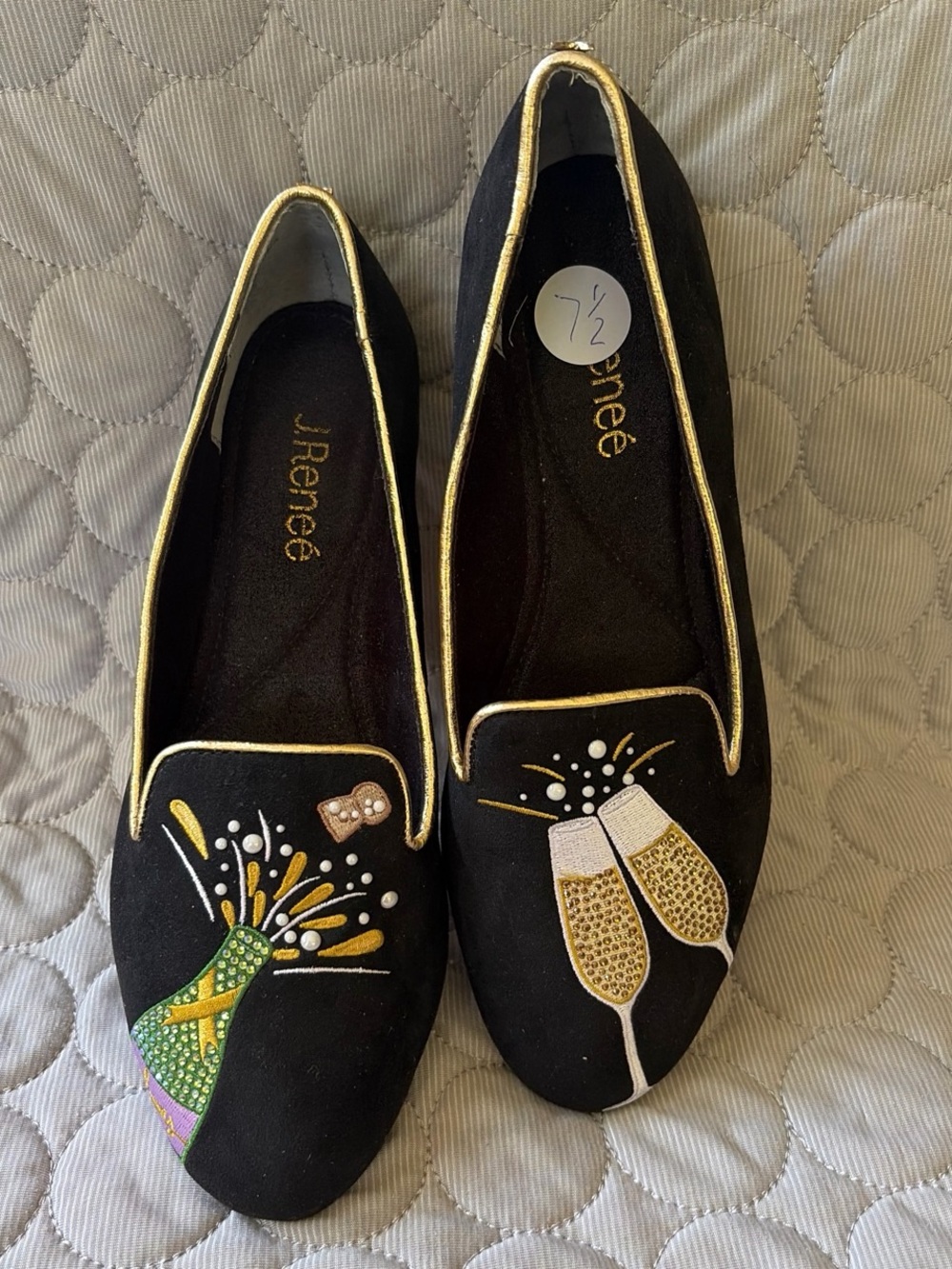 J.Renee Black Flats with Gold Trim and Festive Champagne Motifs